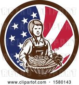 Vector Clip Art of Retro Woodcut Female Farmer Holding a Basket of Produce in an American Flag Circle by Patrimonio