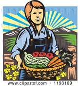 Vector Clip Art of Retro Woodcut Female Farmer with a Basket Full of Organic Produce by Patrimonio