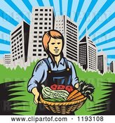 Vector Clip Art of Retro Woodcut Female Farmer with a Basket Full of Organic Produce near a City by Patrimonio