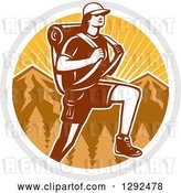 Vector Clip Art of Retro Woodcut Female Hiker over Mountains and Sunshine in a Circle by Patrimonio
