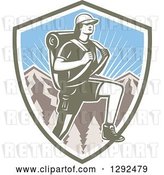 Vector Clip Art of Retro Woodcut Female Hiker over Mountains and Sunshine in a Shield by Patrimonio