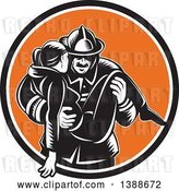 Vector Clip Art of Retro Woodcut Firefighter Carrying a Lady in a Black White and Orange Circle by Patrimonio