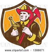 Vector Clip Art of Retro Woodcut Firefighter Holding an Axe and Hose in a Shield by Patrimonio