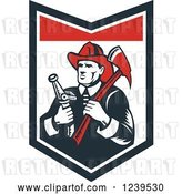 Vector Clip Art of Retro Woodcut Firefighter Holding an Axe and Hose in a Shield by Patrimonio