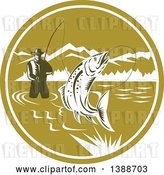 Vector Clip Art of Retro Woodcut Fly Fisher Man Reeling in a Trout Fish and Wading in a Lake Inside a Green and White Circle by Patrimonio