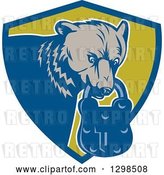 Vector Clip Art of Retro Woodcut Grizzly Bear with a Padlock in His Mouth, Emerging from a Blue and Green Shield by Patrimonio
