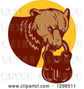 Vector Clip Art of Retro Woodcut Grizzly Bear with a Padlock in His Mouth, Emerging from a Yellow Circle by Patrimonio