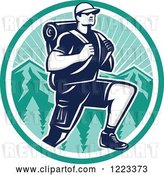 Vector Clip Art of Retro Woodcut Guy Hiking over Mountains in a Turquoise Circle by Patrimonio