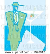 Vector Clip Art of Retro Woodcut Guy in a Green Zoot Suit over a Martini Cocktail by Xunantunich