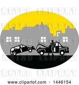 Vector Clip Art of Retro Woodcut Guy Towing a Car on a City Roadside by Patrimonio