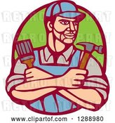 Vector Clip Art of Retro Woodcut Handy Guy Holding a Paintbrush and Hammer in a Marroon and Green Oval by Patrimonio