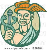 Vector Clip Art of Retro Woodcut Hermes with a Caduceus in a Green Circle by Patrimonio