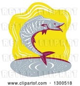 Vector Clip Art of Retro Woodcut Jumping Wahoo Fish over Yellow by Patrimonio