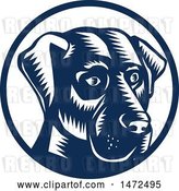 Vector Clip Art of Retro Woodcut Labrador Retriever Dog Face in a Navy Blue and White Circle by Patrimonio