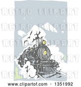 Vector Clip Art of Retro Woodcut Locomotive Train on a Rail Road Against Mountains and Sky by Xunantunich