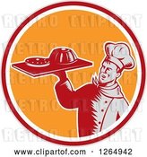 Vector Clip Art of Retro Woodcut Male Chef Holding Gelatin or Cake on a Platter in a Gray Red White and Orange Circle by Patrimonio