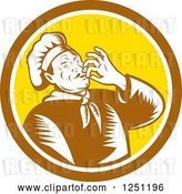 Vector Clip Art of Retro Woodcut Male Chef Kissing His Hands in a Brown and Yellow Circle by Patrimonio