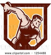 Vector Clip Art of Retro Woodcut Male Discus Thrower in an Orange and Brown Shield by Patrimonio
