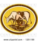 Vector Clip Art of Retro Woodcut Male Fermer Milking a Cow in a Yellow and Brown Oval by Patrimonio