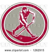 Vector Clip Art of Retro Woodcut Male Field Hokey Player in a Taupe White and Pink Oval by Patrimonio