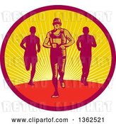 Vector Clip Art of Retro Woodcut Male Triathlete or Marathon Runners in a Sunset Oval by Patrimonio
