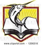 Vector Clip Art of Retro Woodcut Marlin Fish Leaping from an Open Book over a Ray Crest Shield by Patrimonio