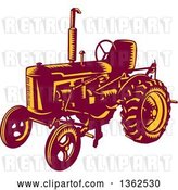 Vector Clip Art of Retro Woodcut Maroon and Yellow Farming Tractor by Patrimonio