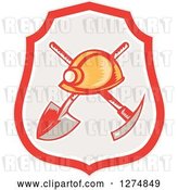 Vector Clip Art of Retro Woodcut Miner Hat over a Crossed Shovel and Pickaxe in a Shield by Patrimonio