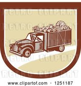 Vector Clip Art of Retro Woodcut Produce Delivery Truck in a Shield by Patrimonio