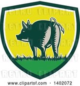 Vector Clip Art of Retro Woodcut Rear View of a Pig with a Curly Tail in a Shield by Patrimonio