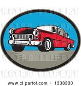 Vector Clip Art of Retro Woodcut Red Classic Car in an Oval by Patrimonio
