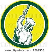 Vector Clip Art of Retro Woodcut Revolutionary Chef with a Spatula and Frying Pan in a Green White and Yellow Circle by Patrimonio