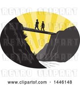 Vector Clip Art of Retro Woodcut Scene of Hikers Crossing a Footbridge over a River at Sunset by Patrimonio