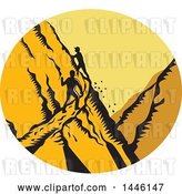Vector Clip Art of Retro Woodcut Scene of Male Hikers Climbing a Steep Narrow Mountain Trail by Patrimonio
