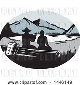 Vector Clip Art of Retro Woodcut Scene of Silhouetted Hikers Sitting on a Log and Looking out at a Mountainous Lake or Pond by Patrimonio