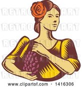 Vector Clip Art of Retro Woodcut Senorita Spanish Lady Holding Grapes by Patrimonio