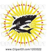 Vector Clip Art of Retro Woodcut Shark in a Sunburst by Patrimonio
