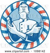 Vector Clip Art of Retro Woodcut Styled Barber Holding Clippers and Scissors in a Striped Circle by Patrimonio