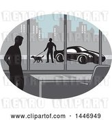 Vector Clip Art of Retro Woodcut Styled Silhouetted Guy in an Office Building and Person Walking a Dog by a Car Outside in a City by Patrimonio