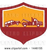 Vector Clip Art of Retro Woodcut Tow Truck Driver Hauling a Car in a Red White and Orange Shield by Patrimonio
