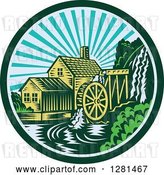 Vector Clip Art of Retro Woodcut Watermill House at Sunset in a Green and Blue Circle by Patrimonio
