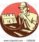 Vector Clip Art of Retro Woodcut Yellow and Brown Male Ham Radio Operator Talking into a Transreceiver in a Pink Oval by Patrimonio