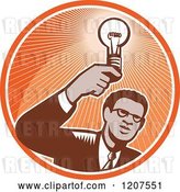Vector Clip Art of Retro Woodut Black Business Man Holding a Light Bulb in an Orange Circle by Patrimonio