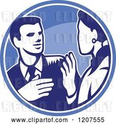 Vector Clip Art of Retro Woodut Business Man and Lady Talking in a Blue Circle by Patrimonio