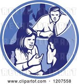 Vector Clip Art of Retro Woodut Business People Talking in a Blue Circle by Patrimonio