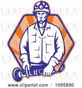 Vector Clip Art of Retro Worker Holding Angle Grinder Tool over Rays by Patrimonio