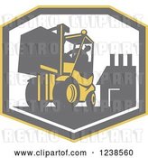 Vector Clip Art of Retro Worker Operating a Forklift over a Factory Shield by Patrimonio