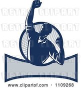 Vector Clip Art of Retro Worker Pumping His Fist over a Banner and Ray Circle by Patrimonio