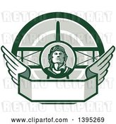Vector Clip Art of Retro World War One Male Pilot Aviator Looking up over a Wing Banner and Biplane, in Green Tones by Patrimonio