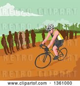 Vector Clip Art of Retro Wpa Styled Silhouetted Crowd Watching a Male Cyclist by Patrimonio